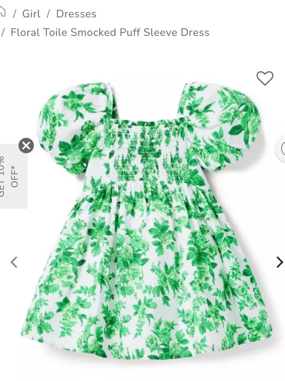 Janie and Jack Green and White Floral Toile Smocked Puff Sleeve Dress